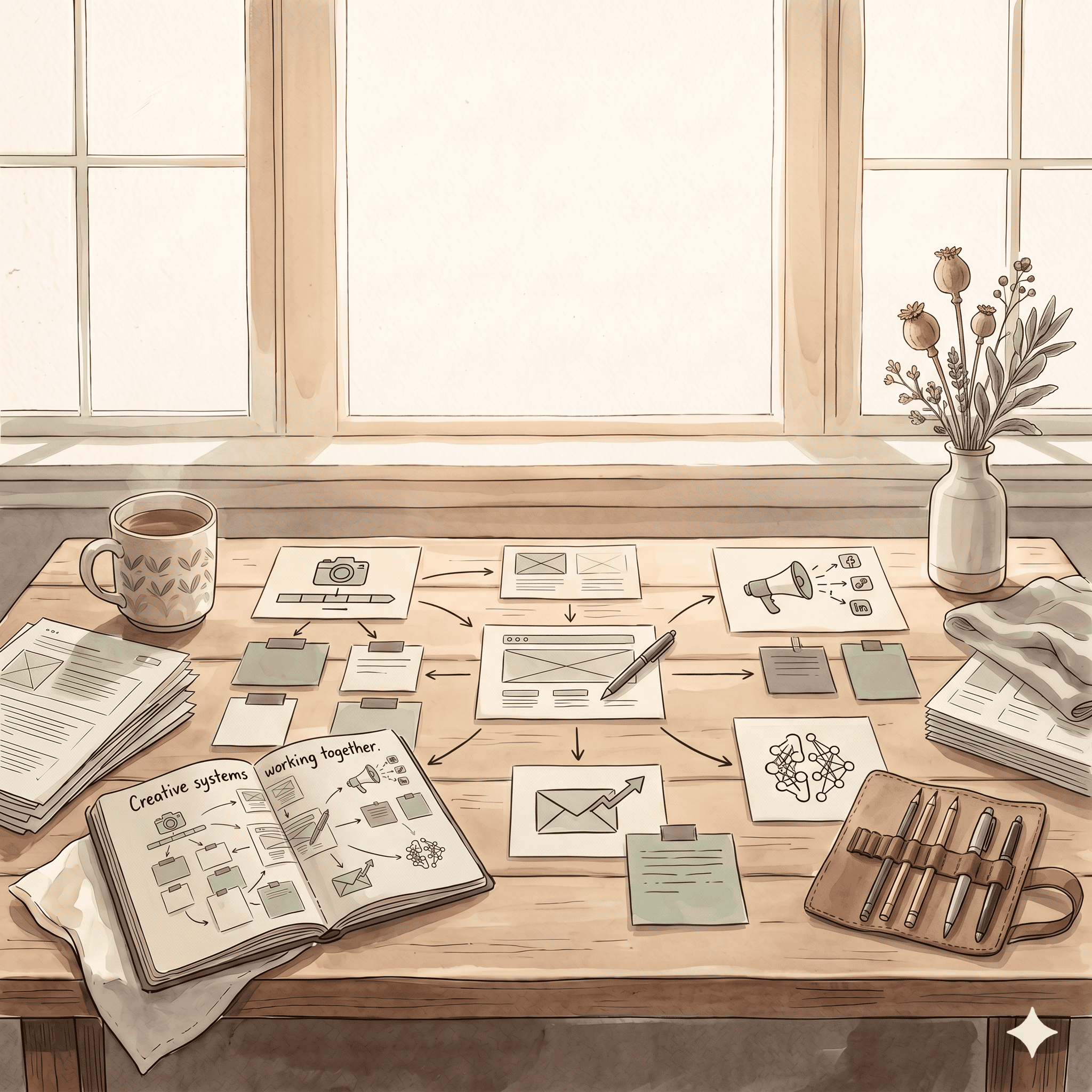 Building a digital studio with website planning, content organization, checklists, and workflow design in a warm Scandinavian boho workspace.