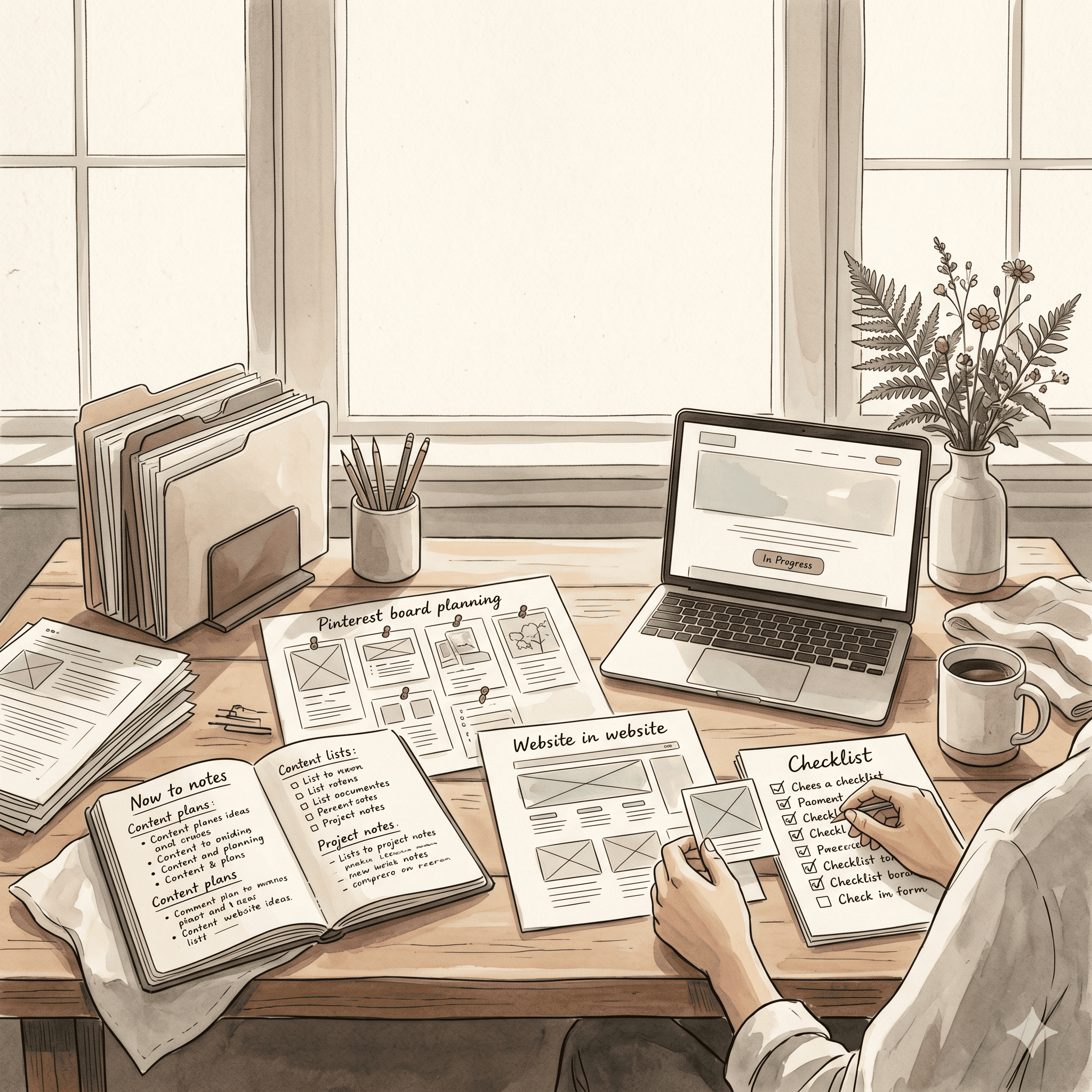 AI workflow planning in a warm country kitchen with sticky notes, laptop, and publishing workspace