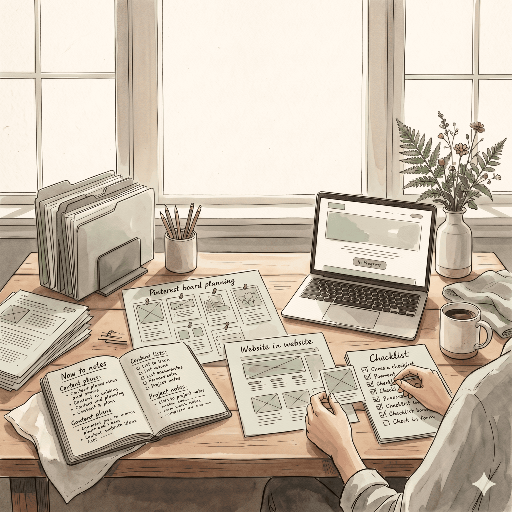 Building a digital studio with website planning, content organization, checklists, and workflow design in a warm Scandinavian boho workspace.